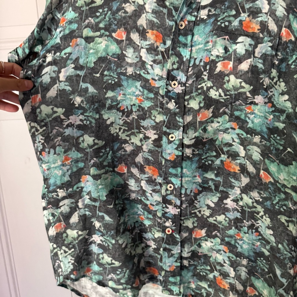 BENSON NEW YORK blue black watercolor floral linen short sleeve button up shirt - Picture 3 of 5